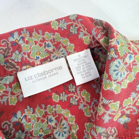 VTG Liz Claiborne Tops Womens Small Red Long Sleeve Button Down Paisley Cotton - Picture 3 of 10